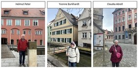 Drei Fotos auf denen die Testenden sind. Herr Peter steht in einer roten Jacke vor dem historischen Gebäude Kramerzunft am Rossmarkt, Frau Burkhardt steht in einer weißen Winterjacke und Stock am Stadtbach und Frau Abrel steht mit einem Handy in der Hand am Platz vor dem Martinsturm.