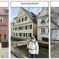 Drei Fotos auf denen die Testenden sind. Herr Peter steht in einer roten Jacke vor dem historischen Gebäude Kramerzunft am Rossmarkt, Frau Burkhardt steht in einer weißen Winterjacke und Stock am Stadtbach und Frau Abrel steht mit einem Handy in der Hand am Platz vor dem Martinsturm.