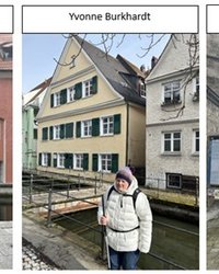 Drei Fotos auf denen die Testenden sind. Herr Peter steht in einer roten Jacke vor dem historischen Gebäude Kramerzunft am Rossmarkt, Frau Burkhardt steht in einer weißen Winterjacke und Stock am Stadtbach und Frau Abrel steht mit einem Handy in der Hand am Platz vor dem Martinsturm.