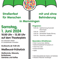 Auf dem Bild ist das Werbeplakat zum Straßenfest zu sehen. Darauf ein großer Schirm aufgespannt mit dem im Text erwähnten Programm.